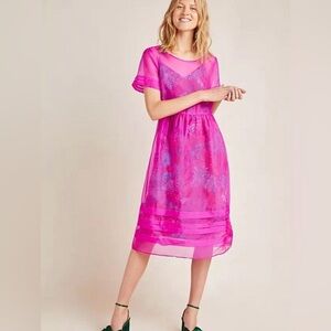 Anthropologie Hot Pink Organza Wedding Guest Dress w/ Multi Slip - Size 10